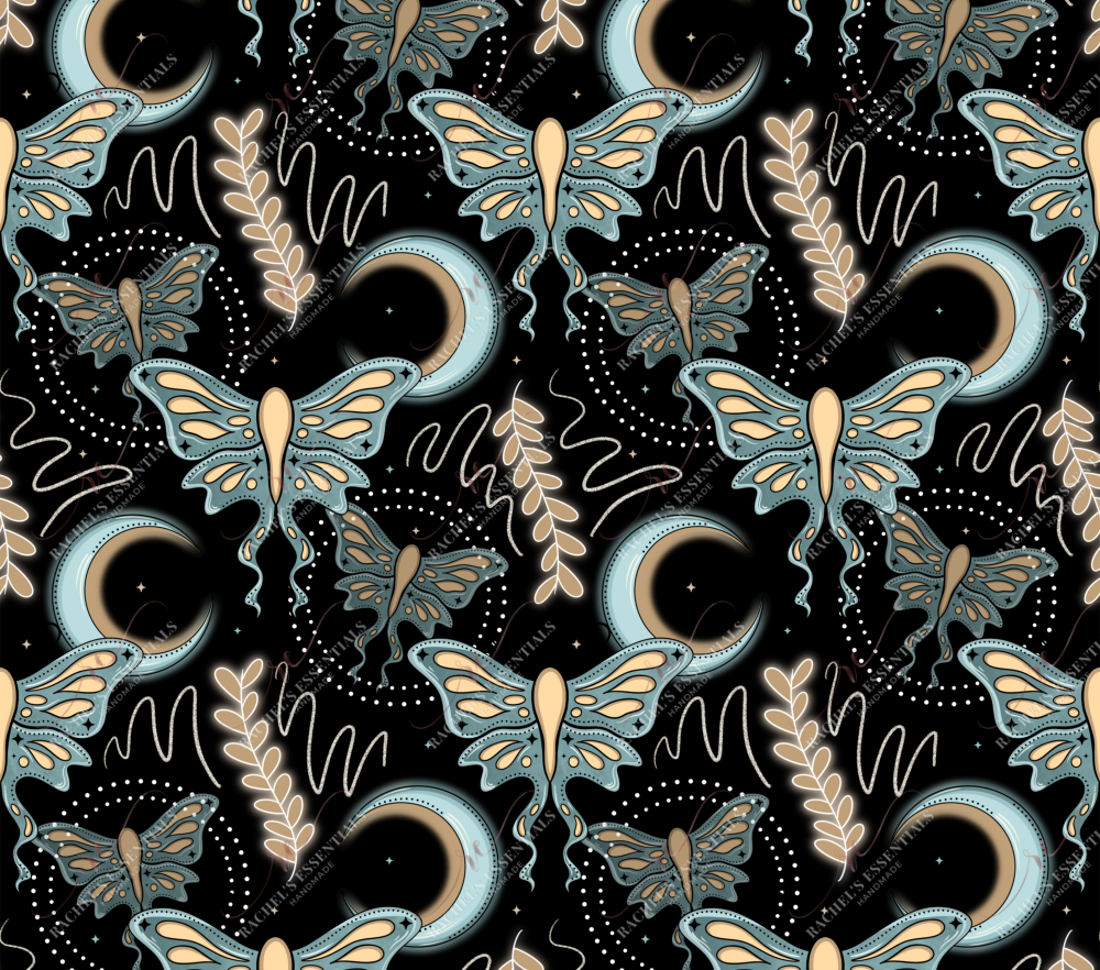 seamless design featuring a blue and brown crescent moon and a moth with a circle of dots surrounding each moth.