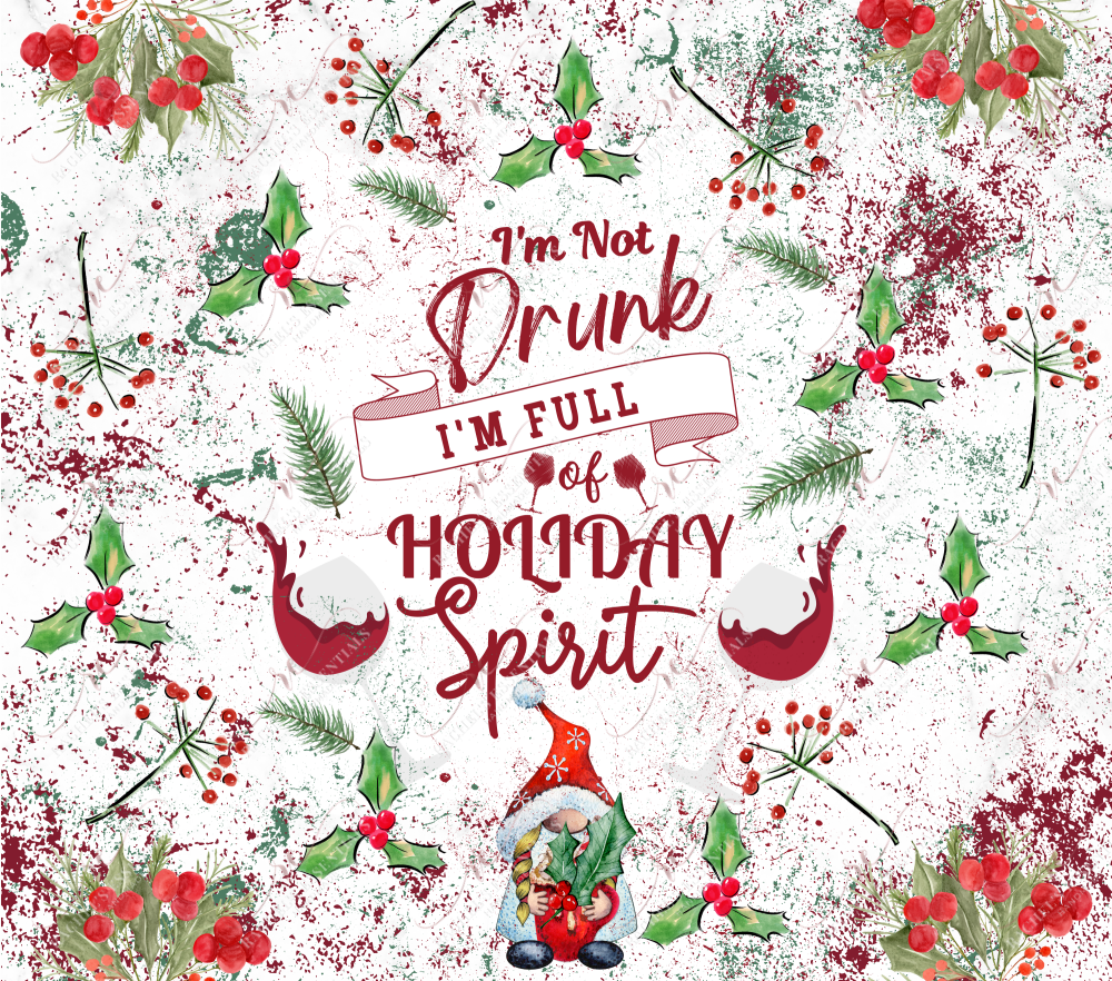 Seamless winter pattern features snow and holly berries. The quote I’m not drunk, I’m full of holiday spirit is on the center of the design