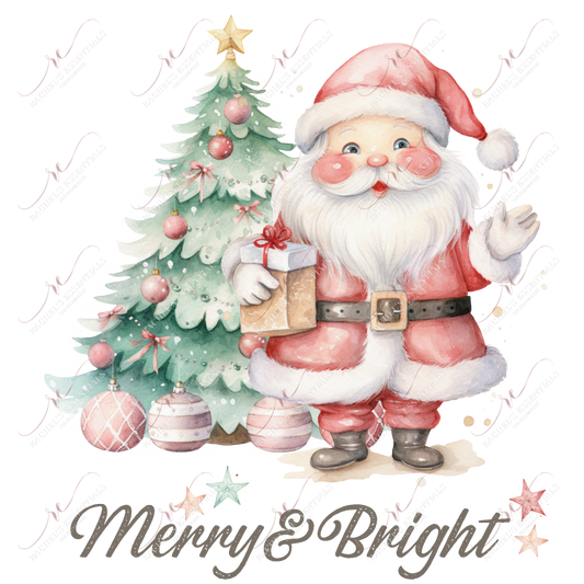 Pastel watercolor Santa in a red suit holding a present and standing in front of a green Christmas tree with red ornaments. Merry & bright are written at the bottom of the design
