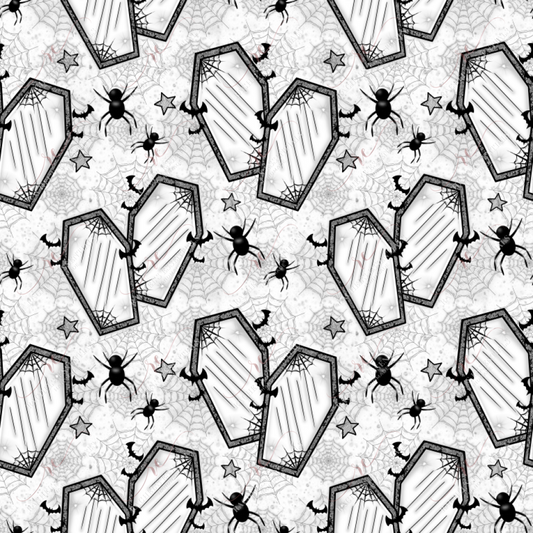 Seamless pattern featuring black coffin-shaped mirrors with cobwebs in the corners. Spiders, spiderwebs, stars and & bats are scattered throughout the pattern.