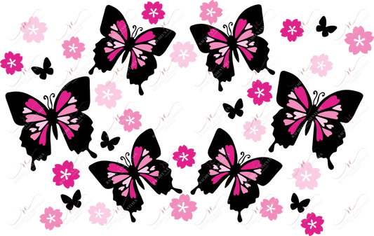 Pink And Black Butterflies Flowers - Cold Cup Wrap
