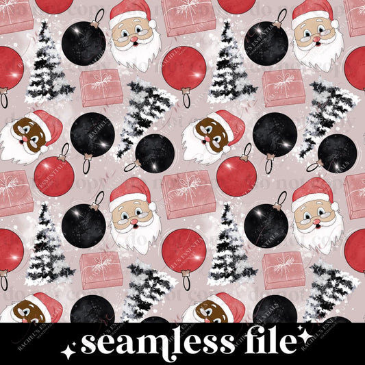 Santa shown in a light-skinned and dark-skinned ethnicity with red and black christmas ornaments, red wrapped presents, and white and black christmas trees.