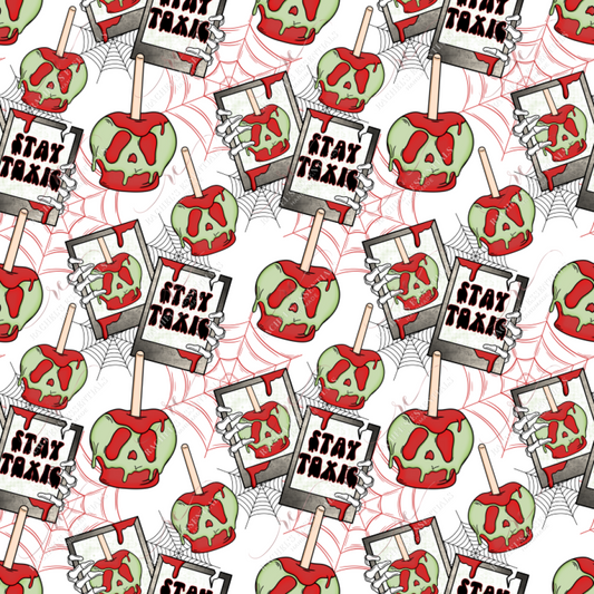 Seamless pattern featuring red and black spiderwebs in the background. In the foreground, bloody and toxic red and green apples on sticks are scattered throughout. Skeleton hands holding two polaroid pictures and repeated throughout the design. One polaroid is a picture of the red and green bloody/poison apple. The other polaroid says 'Stay Toxic' with blood dripping from it.