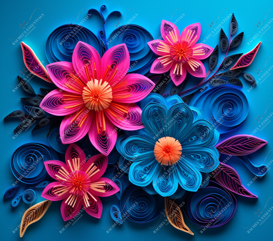 3D Quilled Blue And Pink Flowers-Ready To Press Sublimation Transfer Print Sublimation