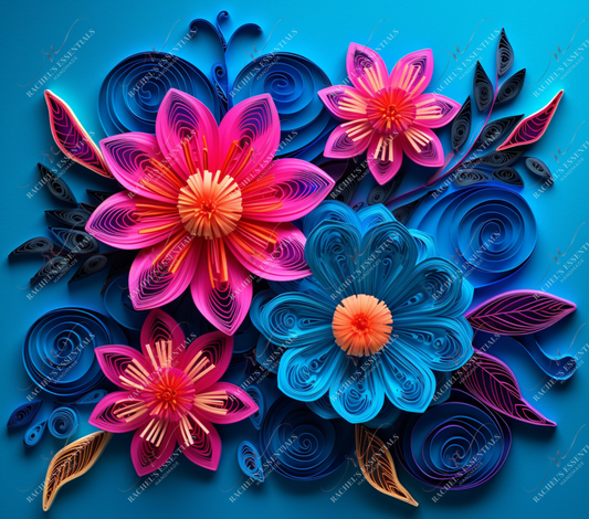 3D Quilled Blue And Pink Flowers-Ready To Press Sublimation Transfer Print Sublimation