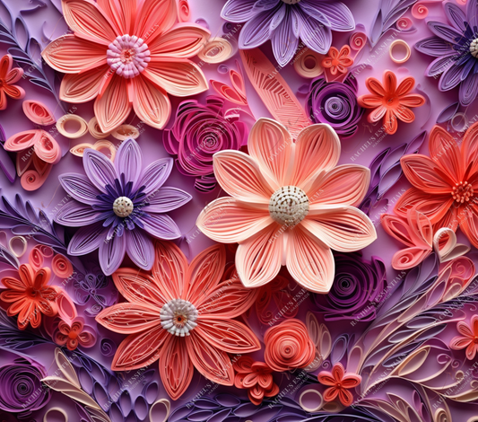 3D Quilled Coral/Purple Flowers-Ready To Press Sublimation Transfer Print Sublimation