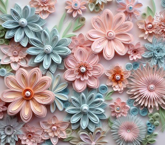 3D Quilled Pale Pink/Pale Blue Flowers-Ready To Press Sublimation Transfer Print Sublimation