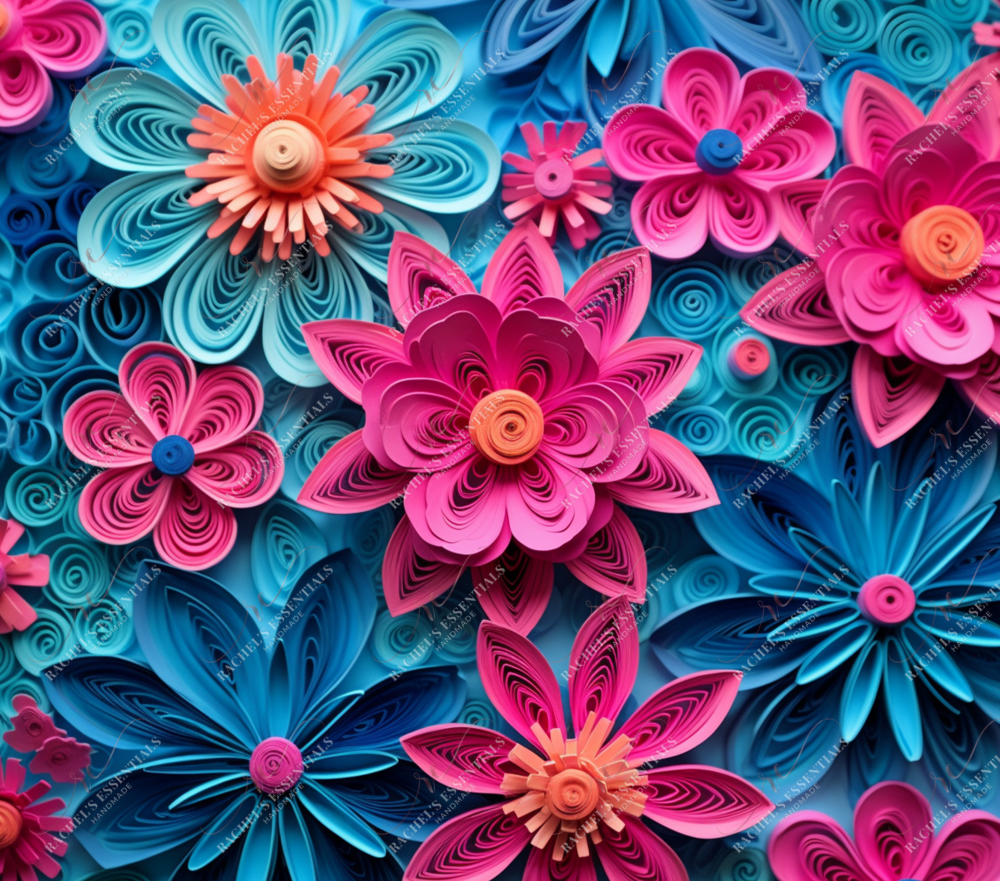 3D Quilled Pink/Blue Flowers-Ready To Press Sublimation Transfer Print Sublimation