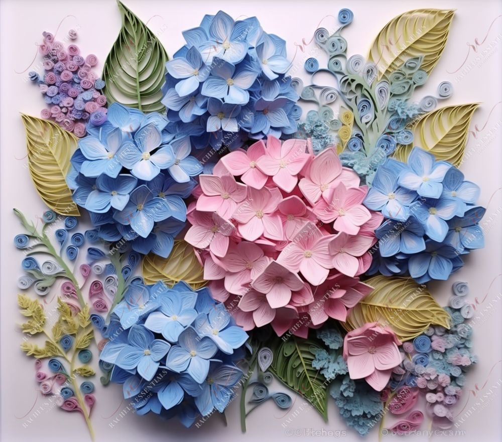 3D Quilled Pink/Blue Hydrangea Flowers-Ready To Press Sublimation Transfer Print Sublimation