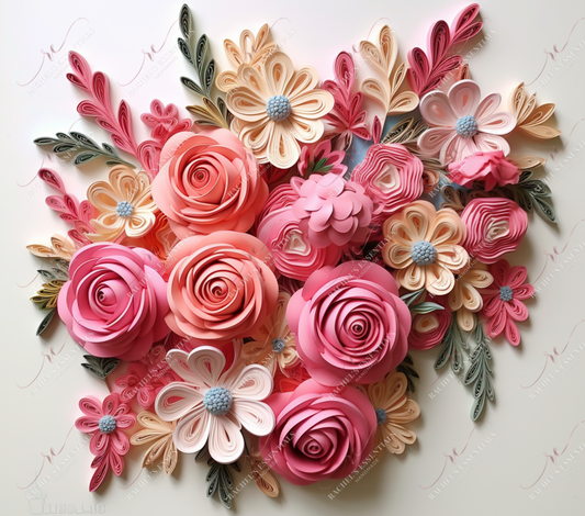 3D Quilled Pink/Coral Flowers-Ready To Press Sublimation Transfer Print Sublimation