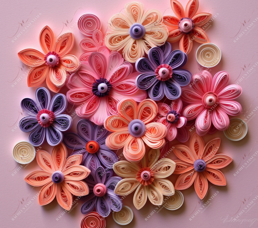 3D Quilled Pink/Coral/Purple Flowers-Ready To Press Sublimation Transfer Print Sublimation