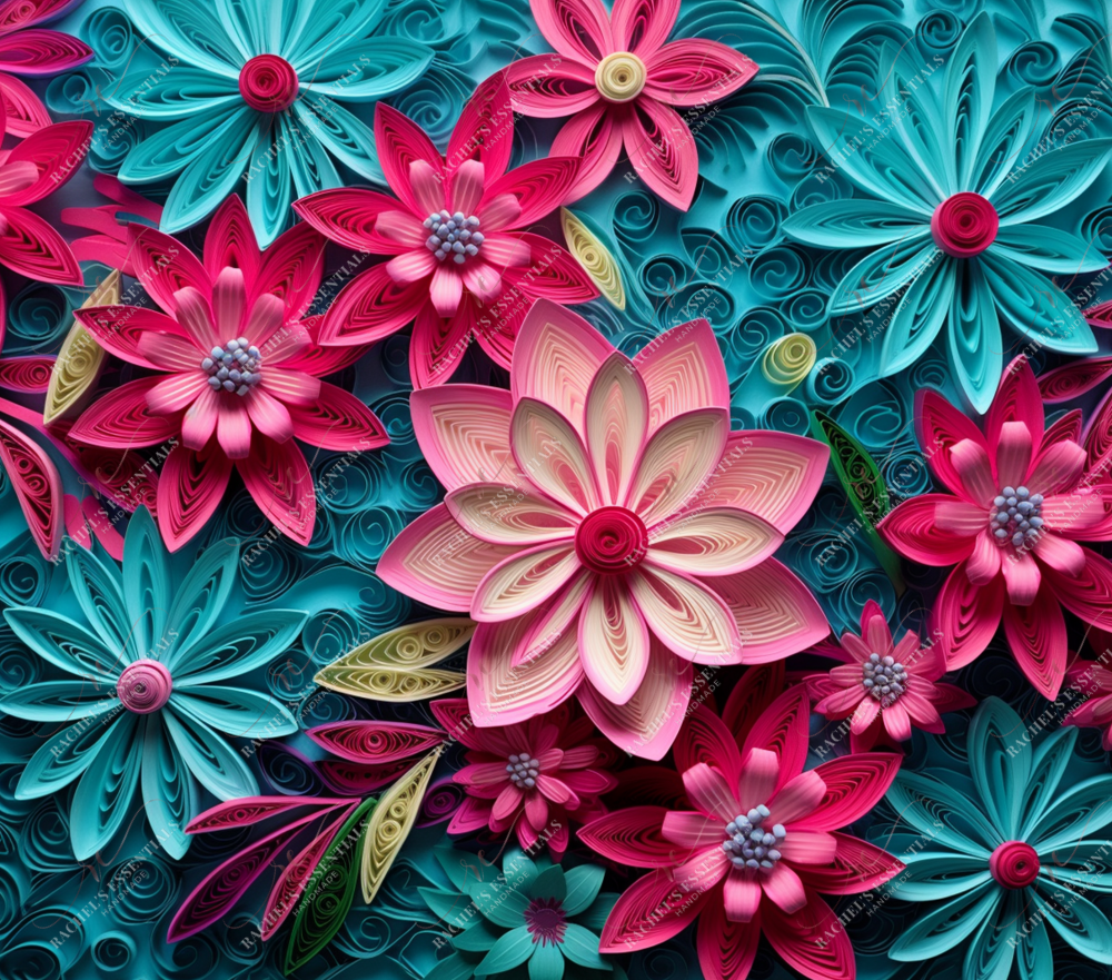 3D Quilled Teal And Pink Flowers-Ready To Press Sublimation Transfer Print Sublimation