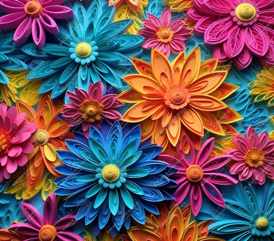 3D Quilled Teal/Orange/Pink Flowers-Ready To Press Sublimation Transfer Print Sublimation