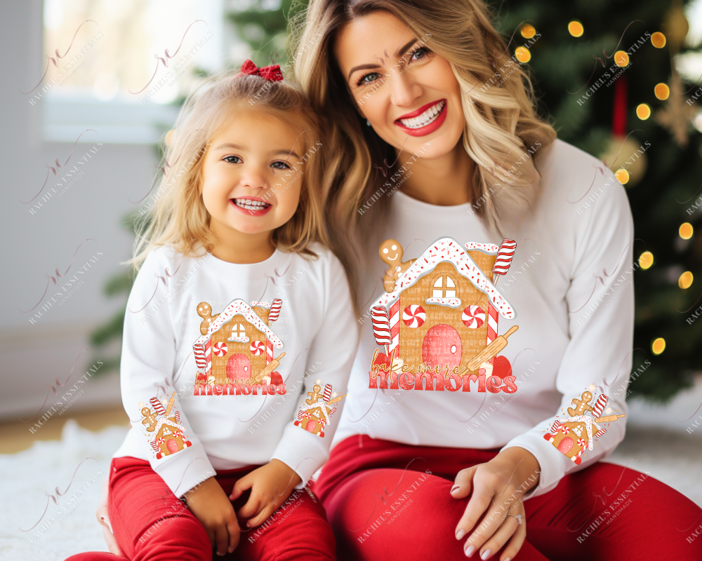 Bake More Memories. Gingerbread house with with peppermint, sprinkles and a rolling pin. Gingerbread man peaking out of the top.. 