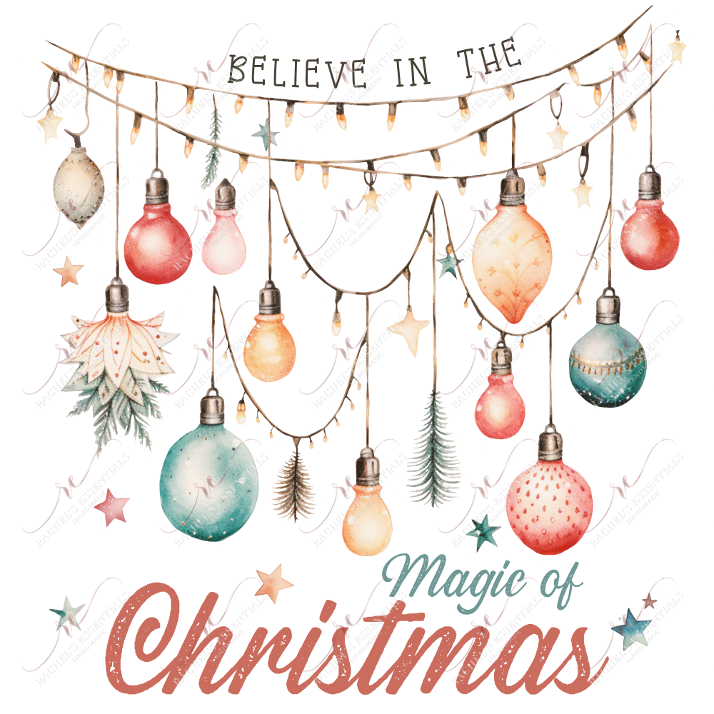 Strings of white Christmas lights with gold, pink, red, green and blue ornaments hanging from them.