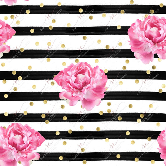 Black Stripes Gold Dots Pink Flowers - Vinyl Wrap