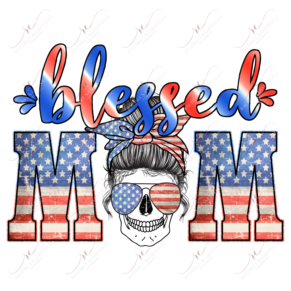 Blessed Mom Red White Blue Messy Bun Skull - Htv Transfer