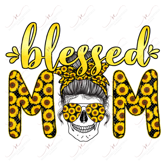 Blessed Mom Sunflowers Messy Bun Skull - Htv Transfer