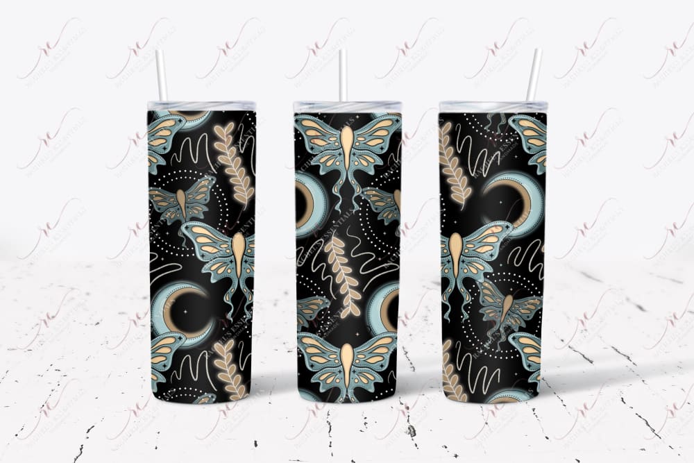 seamless tumbler featuring a black background, blue and brown crescent moon with small black dots and brown and blue moth rising up