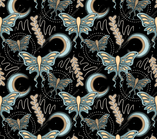 seamless design featuring a blue and brown crescent moon and a moth with a circle of dots surrounding each moth. 