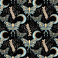 seamless design featuring a blue and brown crescent moon and a moth with a circle of dots surrounding each moth. 