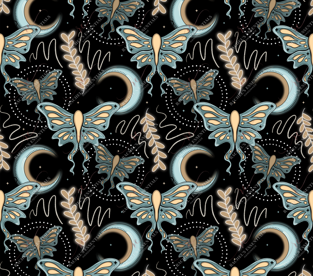 seamless design featuring a blue and brown crescent moon and a moth with a circle of dots surrounding each moth. 