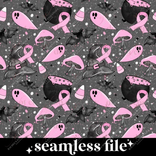 seamless halloween design. Dark grey background with white and pink dots and stars. The foreground has a black cauldron with pink potion bubbling out. Black bats and witches hats, pink candy corns, pink ghost, pink mushrooms, and a pink breast cancer awareness ribbon. 