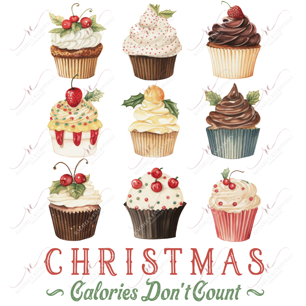 9 pastel, realistic, watercolor cupcakes frosted with vanilla & chocolate frosting. The wording Christmas calories don't count is at the bottom of the design.