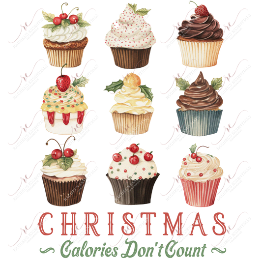 9 pastel, realistic, watercolor cupcakes frosted with vanilla & chocolate frosting. The wording Christmas calories don't count is at the bottom of the design.