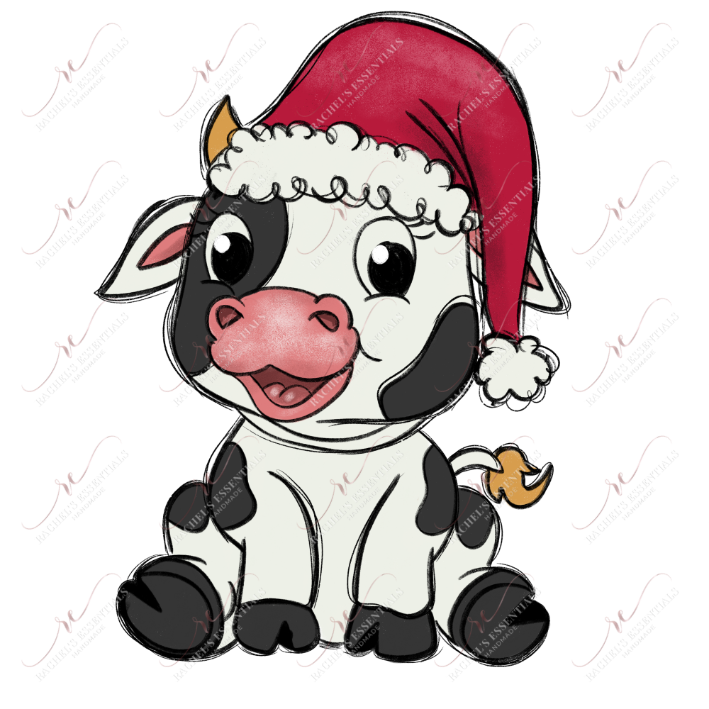 Black and white spotted cow wearing a red santa hat