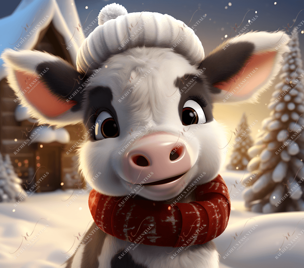A cow out in the winter snow standing in from of a wooden house and Christmas tree. The cow is wearing a winter hat and scarf