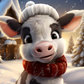 A cow out in the winter snow standing in from of a wooden house and Christmas tree. The cow is wearing a winter hat and scarf