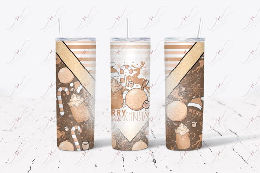 tumbler design featuring a boho, neutral color theme Christmas scene. Candy canes, reindeer, ornaments, marshmallows, hot chocolate, santa hats and snowflakes are scattered throughout the design. A bleach effect is on the front of the design with the words Merry Merry Christmas.