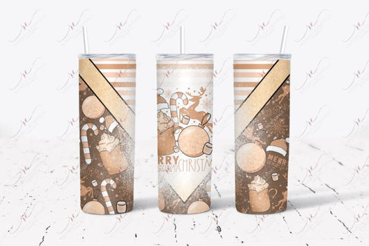 tumbler design featuring a boho, neutral color theme Christmas scene. Candy canes, reindeer, ornaments, marshmallows, hot chocolate, santa hats and snowflakes are scattered throughout the design. A bleach effect is on the front of the design with the words Merry Merry Christmas.  