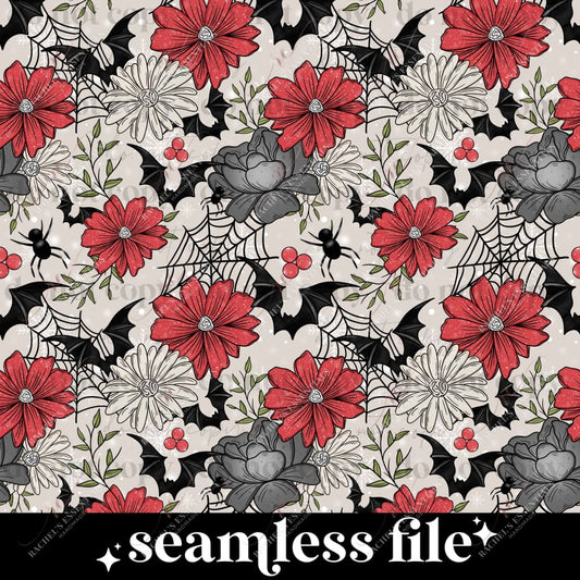 red, white & grey flowers with black bats, spiders & spiderwebs throughout the design.