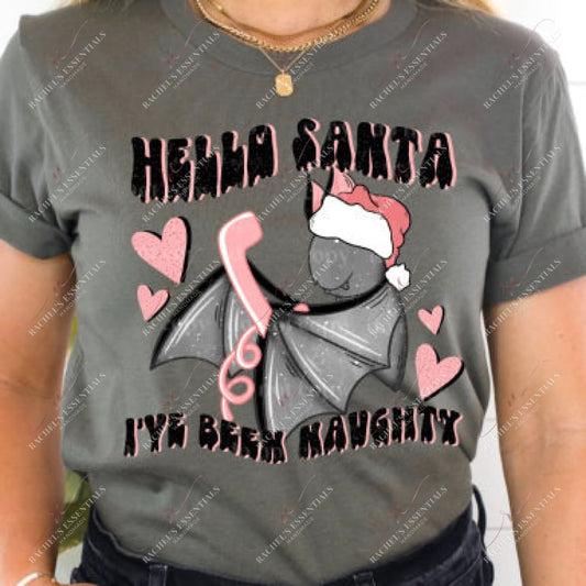 Model wearing a short sleeve shirt featuring a spooky Christmas design. The design says hello santa I've been naughty with a bat wearing a santa hat, holding a phone, and has pink hearts around it.