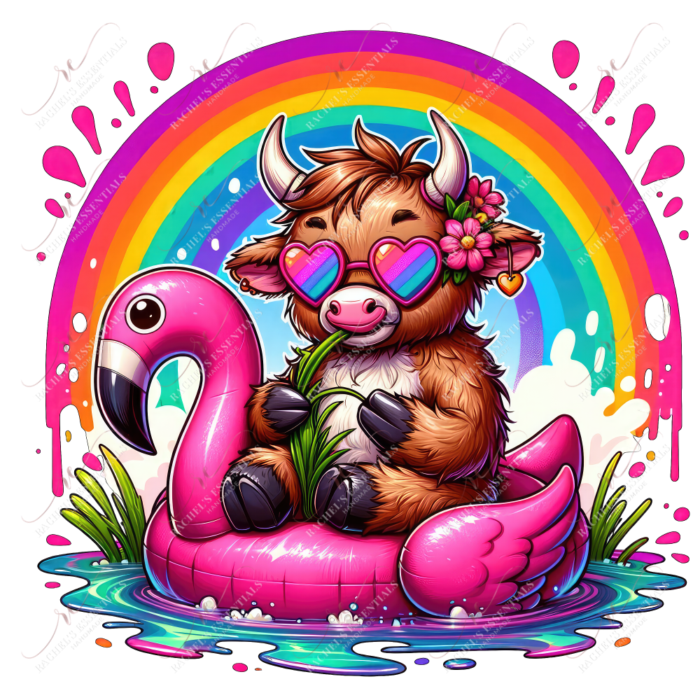 Highland Cow Flamingo Float - Ready To Press Sublimation Transfer Print Sublimation