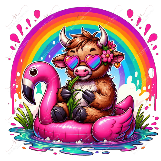 Highland Cow Flamingo Float - Ready To Press Sublimation Transfer Print Sublimation