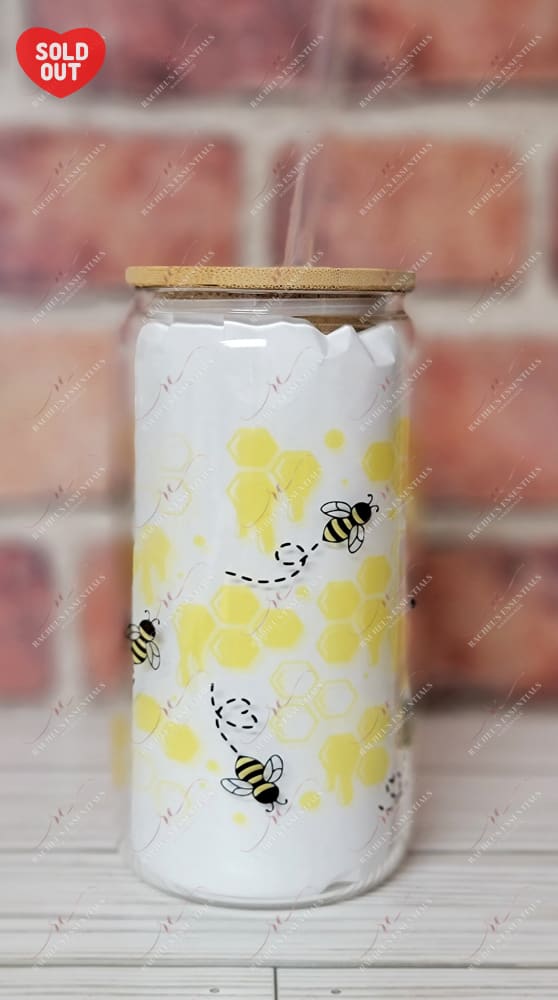 Honeycomb And Bees Clear 16Oz Libbey Beer Can Glass