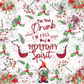 Seamless winter pattern features snow and holly berries. The quote I’m not drunk, I’m full of holiday spirit  is on the center of the design 