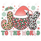 The word joy filled in with colorful leopard designs. The o in joy is a pastel, retro disco ball with a santa hat on top. Holly leaves, snowflakes, stars, and dots in pink, red, & green are throughout the design.