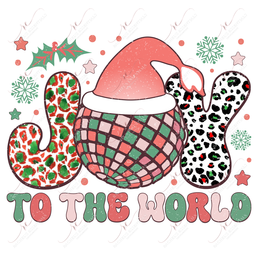 The word joy filled in with colorful leopard designs. The o in joy is a pastel, retro disco ball with a santa hat on top. Holly leaves, snowflakes, stars, and dots in pink, red, & green are throughout the design.