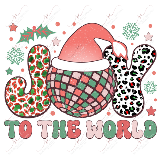 The word joy filled in with colorful leopard designs. The o in joy is a pastel, retro disco ball with a santa hat on top. Holly leaves, snowflakes, stars, and dots in pink, red, & green are throughout the design.