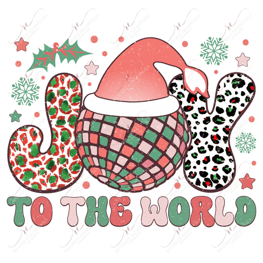 The word joy filled in with colorful leopard designs. The o in joy is a pastel, retro disco ball with a santa hat on top. Holly leaves, snowflakes, stars, and dots in pink, red, & green are throughout the design.