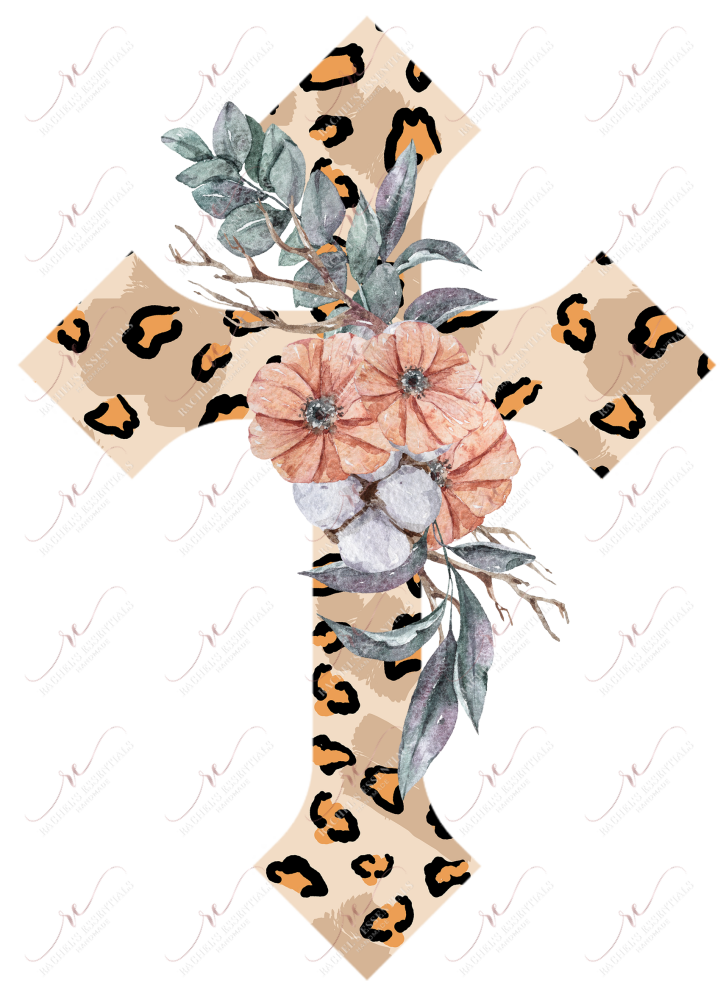 Leopard Cross With Flowers - Ready To Press Sublimation Transfer Print Sublimation