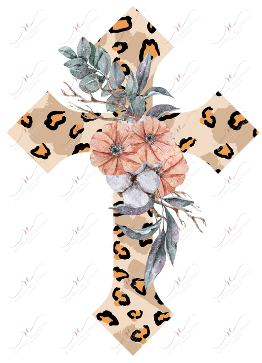 Leopard Cross With Flowers - Ready To Press Sublimation Transfer Print Sublimation