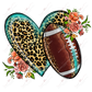 Leopard and teal heart with pink, red, orange & yellow flowers coming out from the sides. A brown, leopard & teal football is off to the side of the heart