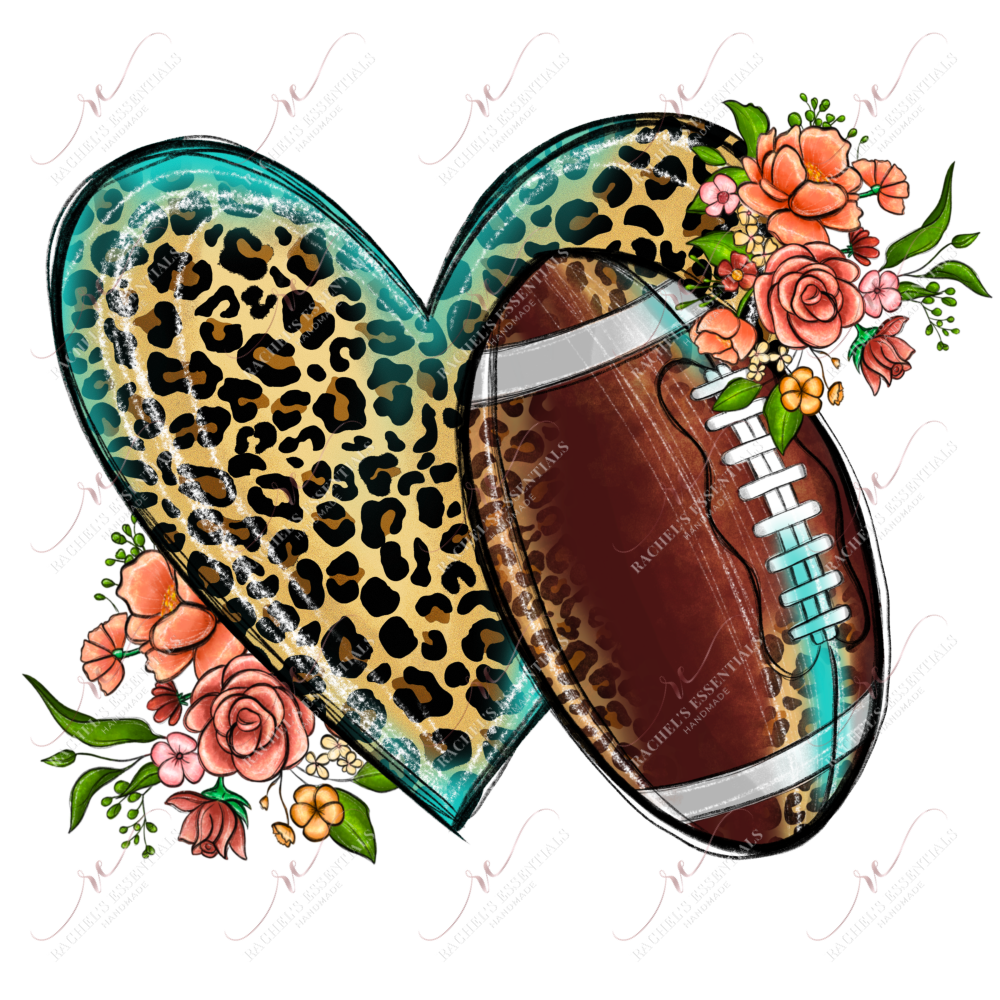 Leopard and teal heart with pink, red, orange & yellow flowers coming out from the sides. A brown, leopard & teal football is off to the side of the heart