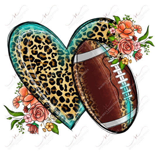 Leopard and teal heart with pink, red, orange & yellow flowers coming out from the sides. A brown, leopard & teal football is off to the side of the heart