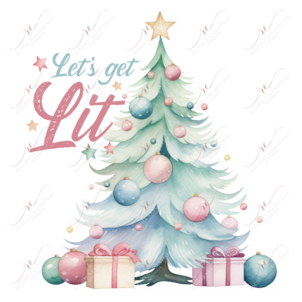 A pastel watercolor christmas tree with shades of blue and pink. Two presents are wrapped underneath the tree. The words 'let's get lit' are written off to the side of the tree